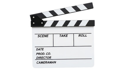 Obraz premium White and black film clapperboard with open slate for movie production isolated PNG with Transparent Background