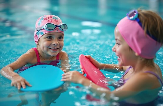 Two smiling young girls in swim caps and goggles practice swimming with kickboards in a blue pool. A coach or instructor may be nearby guiding the children water safety and aquatic skills.