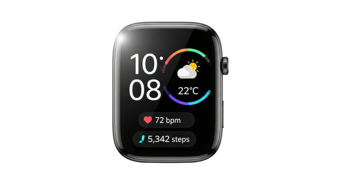 Modern square black smartwatch with digital display showing time, weather, heart rate, and steps on a clean white background, ideal for technology and health concepts.