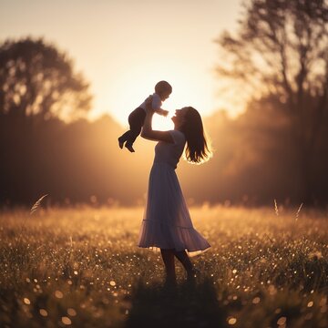 Silhouette of a mother joyfully lifting her baby in a sunlit field at golden hour