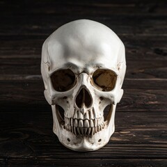 Obraz premium Anatomical Human Skull on Dark Textured Wooden Background Halloween Concept