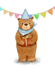 Cute cartoon teddy bear attends children's party with present