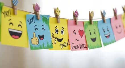 Colorful handmade cards with positive messages and smiley faces on a clothesline.