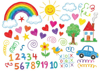 Fototapeta premium Adobe illustrator artwork vector illustration. A vibrant collection of childish doodles: a rainbow, flowers, sun, moon, kids, animals, and household objects