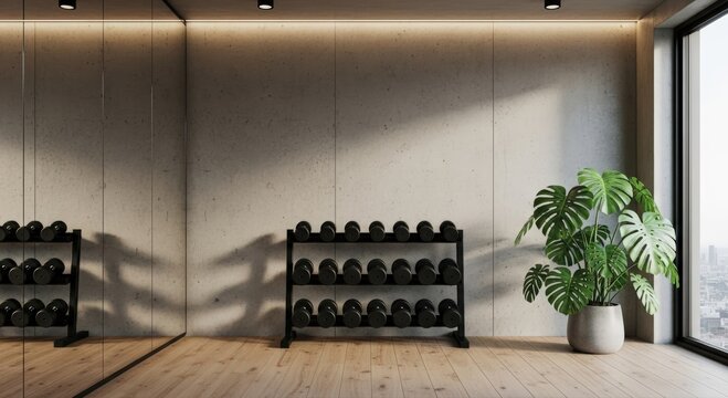 Modern home gym interior design with dumbbells and a Monstera plant