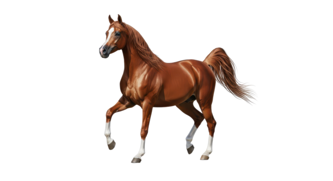 Elegant chestnut Arabian horse trotting gracefully isolated PNG with Transparent Background