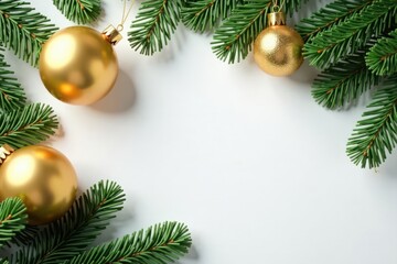 Elegant gold ornaments on pristine white backdrop, nestled amongst lush Christmas tree branches , golden, festive, winter wonderland