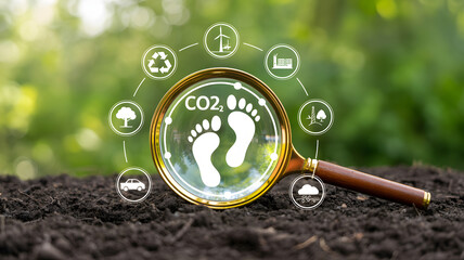 Analyze CO2 footprint with environmental icons under magnifying glass