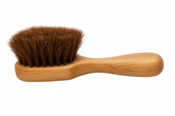 Wooden-handled natural bristle cleaning brush standing against transparent background, useful for domestic cleaning tasks