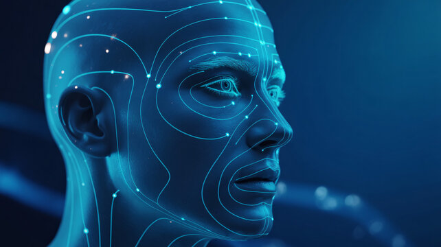 Futuristic human head with glowing digital network lines representing AI and technology