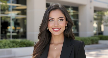 Smiling businesswoman portrait, corporate headshot, professional woman, female model, confident expression, attractive woman, business attire, black blazer, long hair, jewelry, beauty, fashion, s