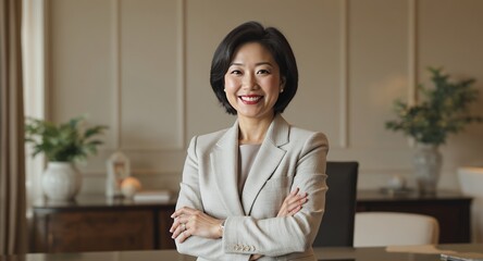 Smiling businesswoman portrait, professional confident female executive, arms crossed, beige blazer, business attire, corporate headshot, indoor office, elegant style, successful career, leadersh