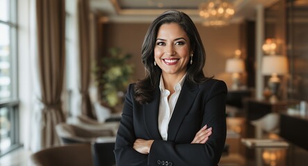 Smiling businesswoman portrait, professional corporate headshot, confident woman in suit, executive female, arms crossed, business attire, indoor setting, elegant background, career, success, lea
