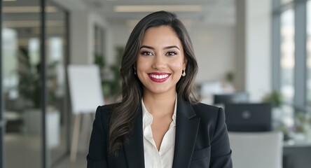 Smiling businesswoman portrait, professional headshot, corporate employee, female executive, confident woman, business attire, office background, happy face, successful career, modern workplace,