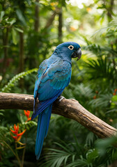 Obraz premium Vibrant Blue Macaw Perched on Branch Among Lush Greenery
