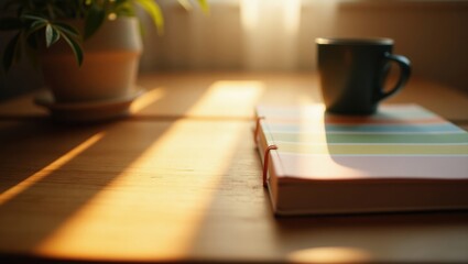 Morning sunlight casting warm glow on notebook and coffee