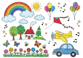 Adobe illustrator artwork vector illustration. A vibrant collection of childish doodles: a sun, trees, flowers, and various animals like birds, a snail, and a ladybug