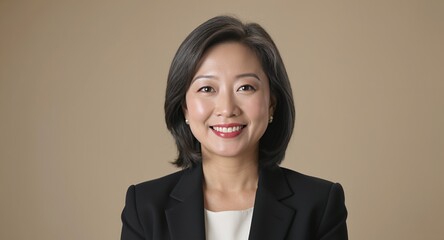 Smiling businesswoman portrait, professional headshot, corporate photo, Asian woman, business attire, neutral background, executive, confident, happy, success, leadership, management, career, job
