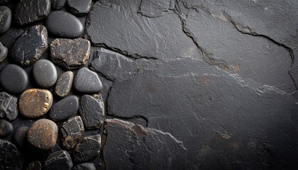 Dark Grey and Brown Pebbles on Textured Stone Background