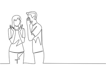 Continuous one line drawing a man whispers to a woman who raises both her hands. Seduced by whispering romantic love sentences. Very loving. Surprise. Single line draw design vector illustration