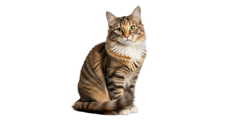 Obraz premium Domestic longhair cat with tabby markings sitting on white background, fluffy brown and orange feline pet, isolated animal portrait for design
