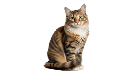 Beautiful domestic longhair calico tabby cat sitting and looking at the camera isolated PNG with Transparent Background