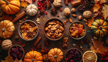 Fototapeta premium Thanksgiving Flat Lay with Mini Pumpkins, Cinnamon Sticks, Walnuts, Star Anise, Dried Fruits, Orange Slices, Colorful Berries, Autumn Leaves, and Seasonal Spices on Rustic Dark Wooden Background
