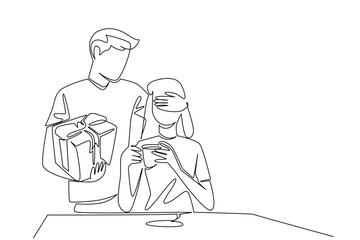 Single one line drawing a man standing behind a woman covering the eyes of the woman who sitting enjoying coffee. Desire to make an impression. Surprise. Continuous line design graphic illustration