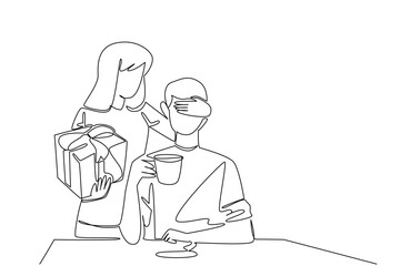 Continuous one line drawing a woman standing behind man covering eyes of the man who sitting enjoying coffee. Small gift with big thoughtfulness. Surprise. Single line draw design vector illustration