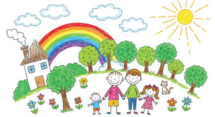 Adobe illustrator artwork vector illustration. A vibrant collection of childish doodles: a sun, trees, flowers, and various animals like birds, a snail, and a ladybug © Amie