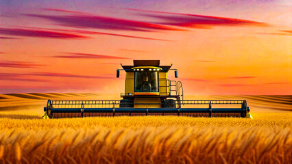 Fototapeta premium Combine harvesting wheat field at sunset golden hour
