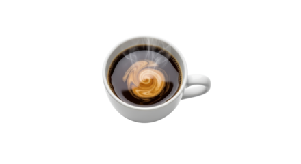 Top view of a hot coffee mug with swirling cream isolated PNG with Transparent Background