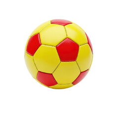 Fototapeta premium Yellow and red soccer ball isolated on white, vibrant leather football with stitched pentagon panels, classic sports equipment for training