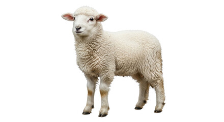 Fototapeta premium Fluffy white lamb isolated on white background, young domestic sheep with thick wool, farm animal portrait for agricultural and livestock design