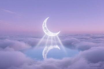 Dreamlike Lavender Sky with Moon Reflection and Misty Rays