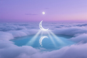 Crescent Moon Rising Above Clouds with Floating Water Pool