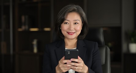 Smiling businesswoman using smartphone in office