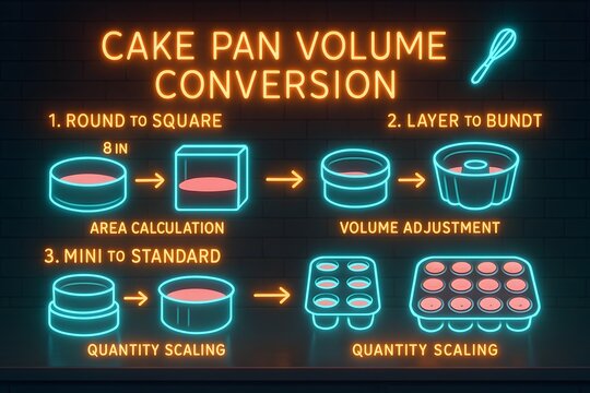 Neon Cake Pan Conversion Chart with Size and Volume Guide for Baking