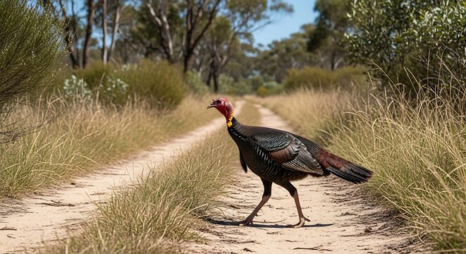 Australian Brushturkey Walking Across a Dirt Track in the Bush.