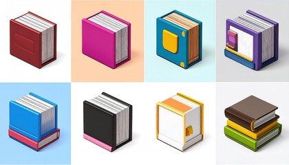 Eight Colorful Voxel Books on Neutral Background