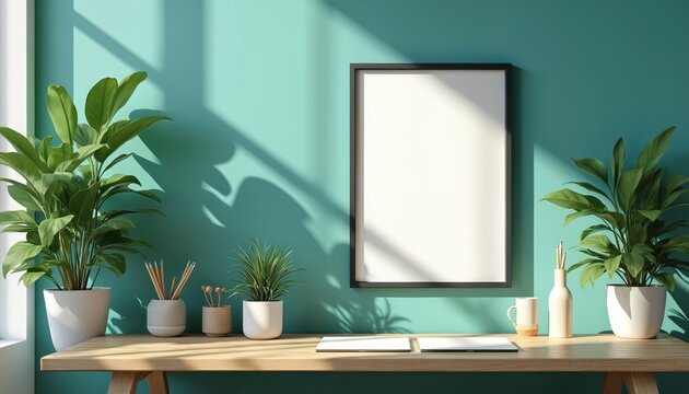 Modern home office setup with blank photo frame on teal wall. Rich green plants, organized desk stationery, wooden table create inspiring, productive, clean workspace.