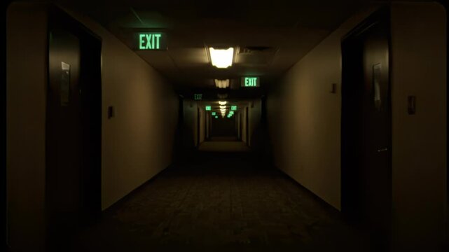 Liminal hotel corridor with repeating carpet and stuttering lights