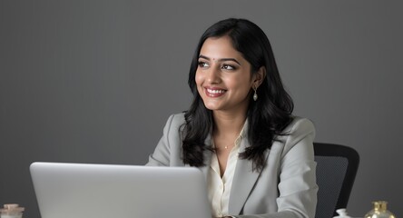 Smiling businesswoman working on laptop computer