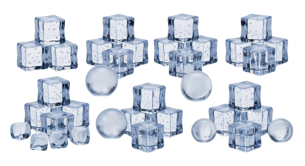 Collection of different shaped ice cubes and ice spheres isolated PNG with Transparent Background