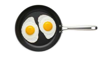 Two sunny-side up fried eggs in a black frying pan isolated PNG with Transparent Background