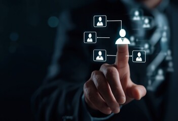 Businessman is using a virtual interface to manage human resources and select suitable candidates for his company