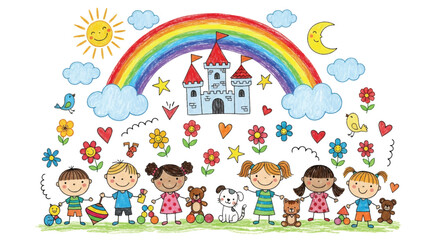 Adobe illustrator artwork vector illustration. A vibrant collection of childish doodles: a rainbow, a castle, diverse kids, animals, toys, and flowers
