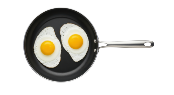 Two sunny-side up fried eggs in a black frying pan isolated PNG with Transparent Background