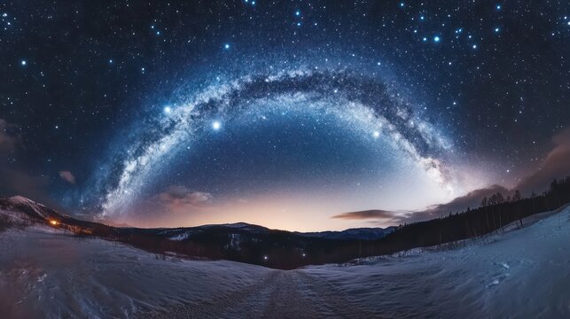 Vast expanse of night sky with milky way arching over snow-covered landscape.