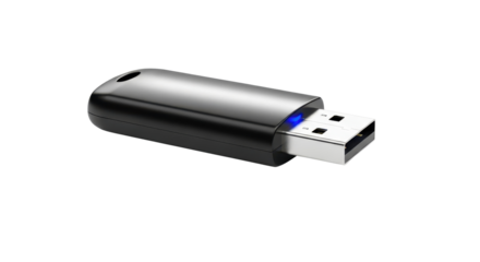 Sleek black USB flash drive with a glowing blue light isolated PNG with Transparent Background